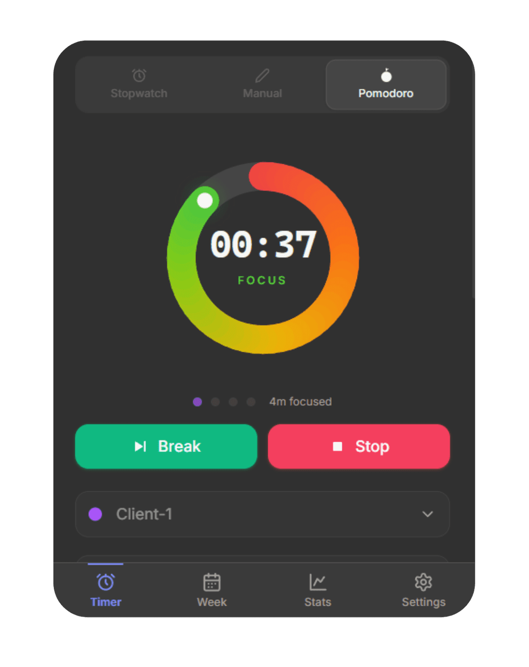 Pomodoro focus timer in dark mode with circular progress ring